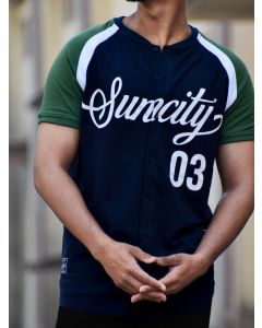 Navy Blue and Green Suncity Baseball Half Sleeves T Shirt