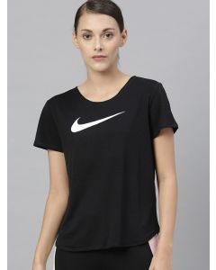 Nike Women Black Printed AS W NK SWOOSH RUN SS Regular Top