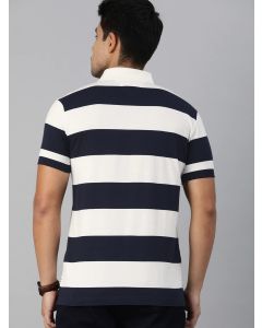 Men White & Navy Blue Striped Polo Collar T-shirt