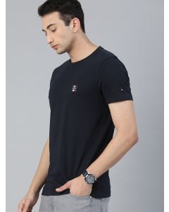 Men Navy Blue Solid Pure Cotton Round Neck T-shirt