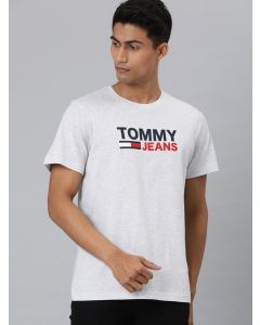 Men Grey Melange Printed Round Neck T-shirt(Grey)