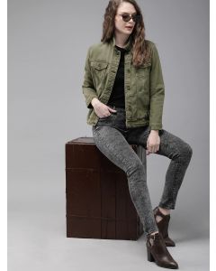 Roadster Women Olive Green Solid Denim Jacket