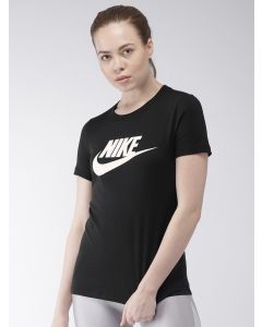 Nike Women Black Printed Standard Fit Round Neck Essntl Icon Futur T-shirt