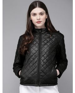 Women Black Solid Quilted Hooded Jacket