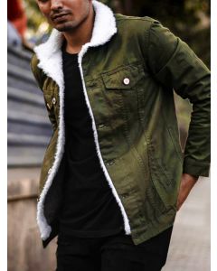 Olive Green Denim Jacket With Fur