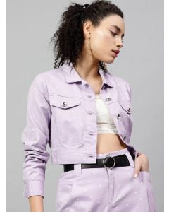 9 Women Lavender Solid Lightweight Cotton Crop Denim Jacket