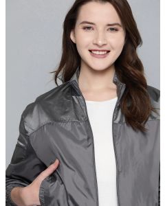 Mst Women Grey Solid Lightweight Bomber Jacket