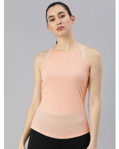 Nike Women Peach-Coloured Self Striped Pointelle Yoga Top