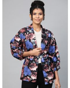 FRAS Women Black & Blue Floral Printed Open Front Jacket