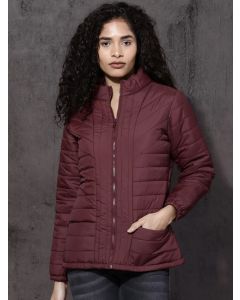 Denim Women Burgundy Solid Padded Jacket