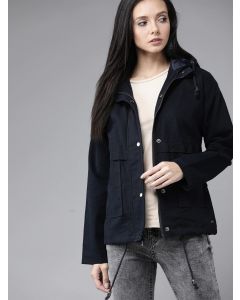 Denim Women Navy Blue Solid Hooded Jacket