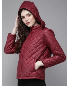 SASSAFRAS Women Maroon Solid Quilted Hooded Jacket